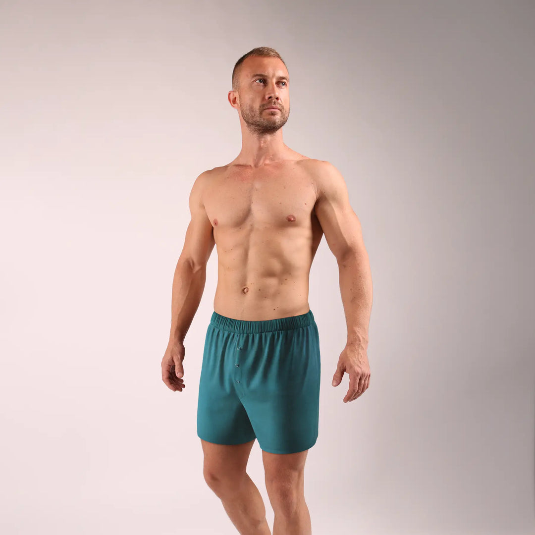 Man’s SET dark aqua cotton loose fit boxer shorts for men, elastic waistband, front view
