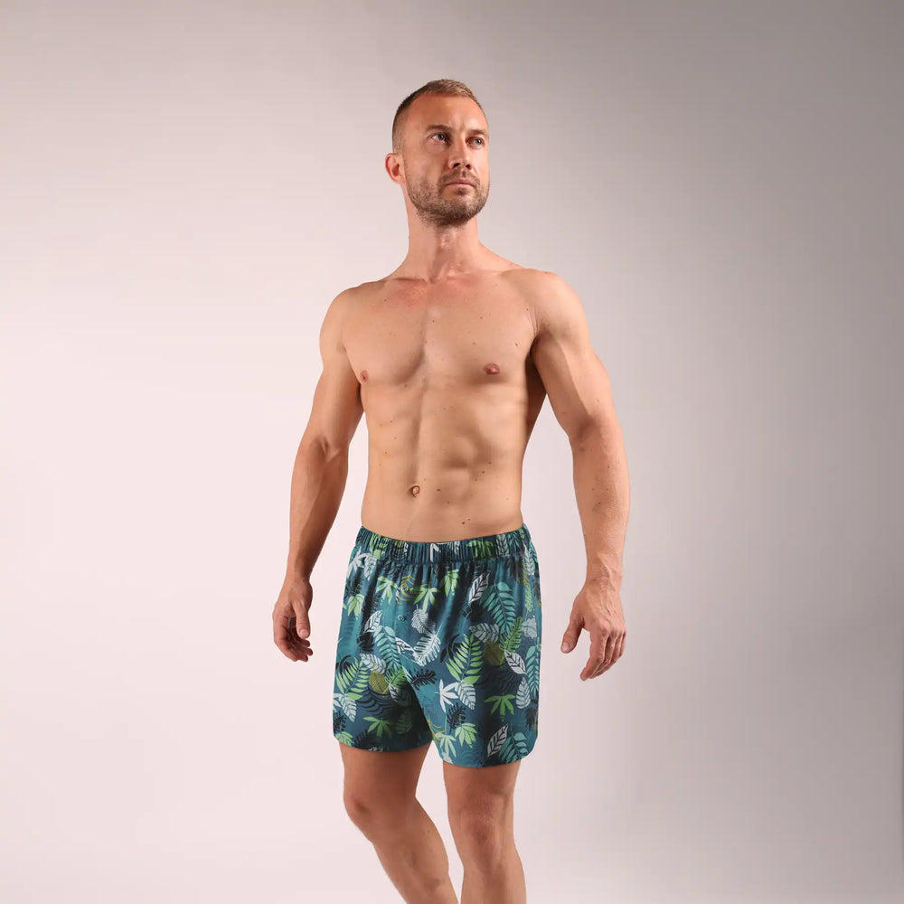 Man’s SET men’s loose fit boxer shorts with fern leaf print, relaxed cut, front view