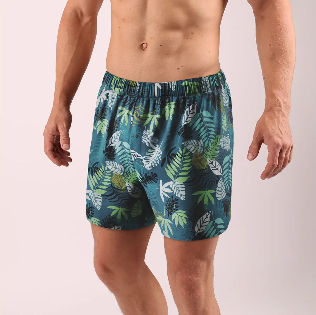 Fern leaf print men’s loose fit cotton boxer shorts, 3.2" inseam by Man’s SET, front view