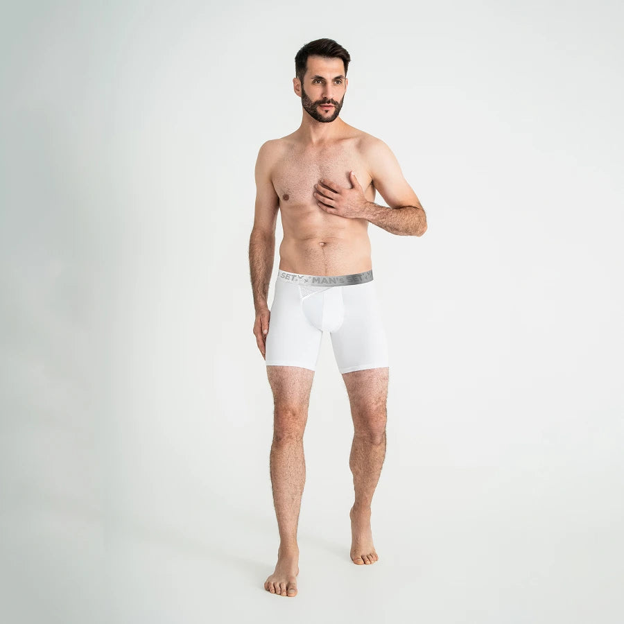 Men's AirFlow Boxer Brief silver series with mesh angled fly in white Front View