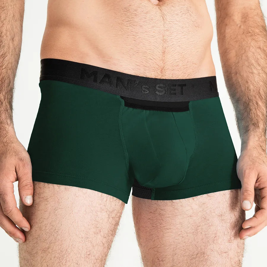 Men's Trunks AirFlow with open fly pouch in Forest Green Close-Up Front View