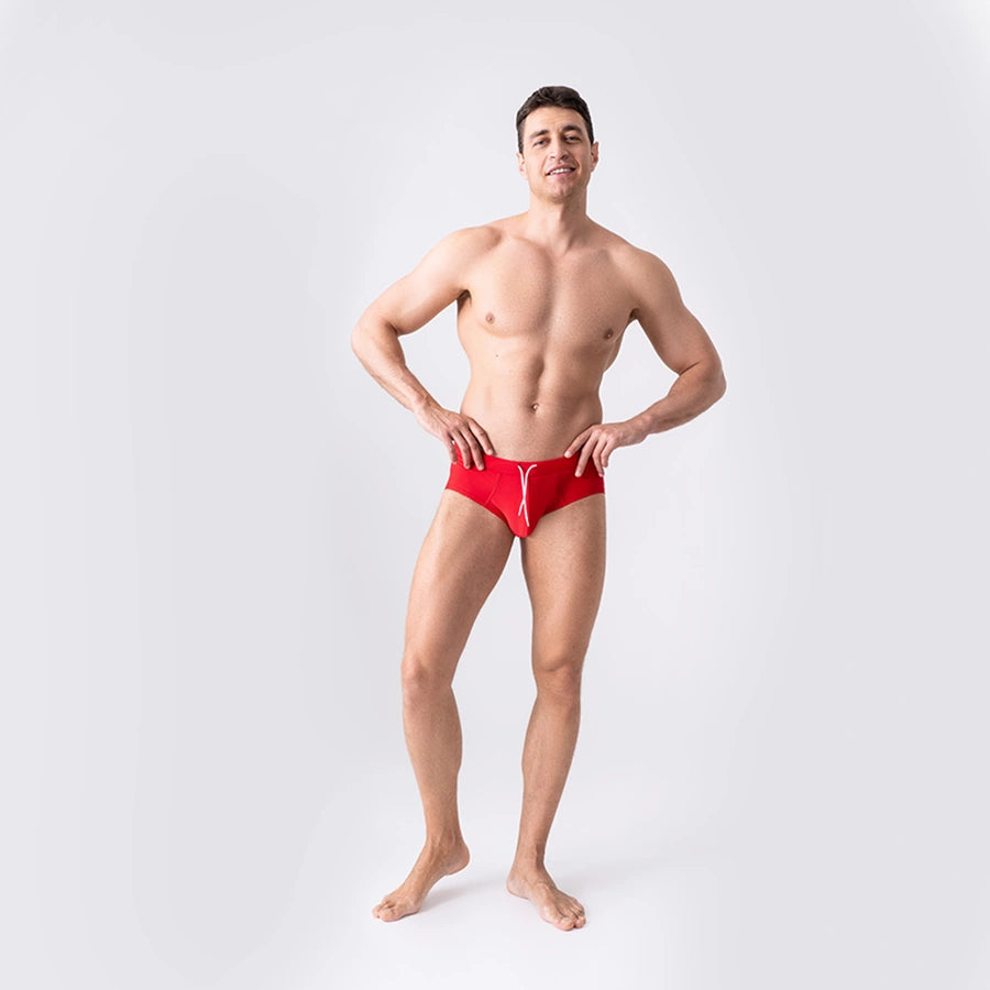 Man’s SET red anatomical men’s swim briefs with white drawstring, snug fit swimwear for men, front view