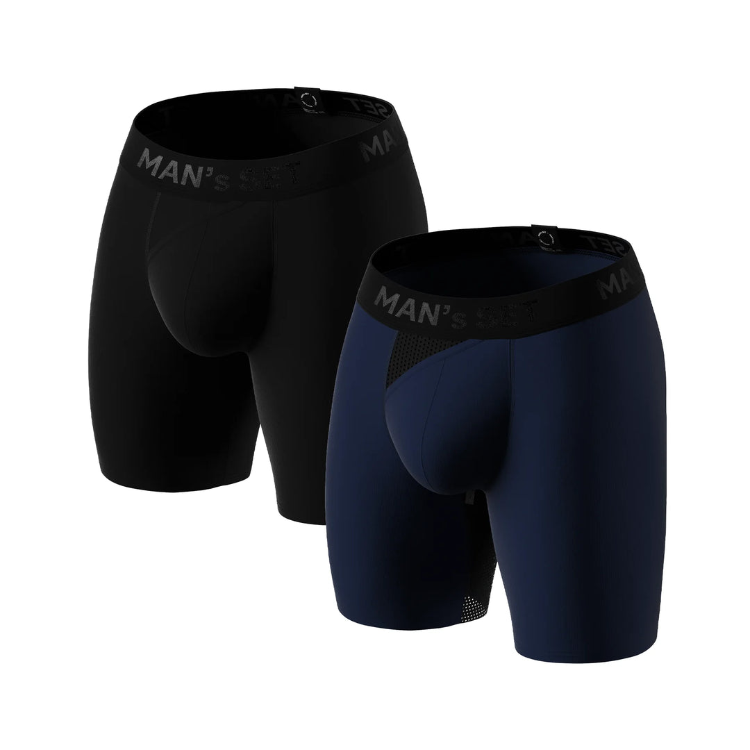 Man’s SET Anatomical Long Duo Plus, navy and black anatomical boxer briefs, breathable men’s underwear, front view