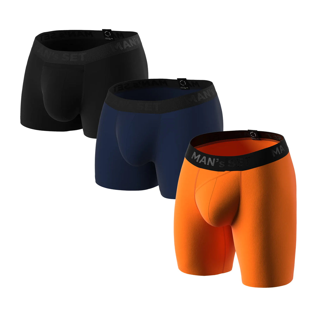 Man’s SET Anatomical Trio Plus, black, navy, and orange anatomical boxers, breathable men’s underwear, front view