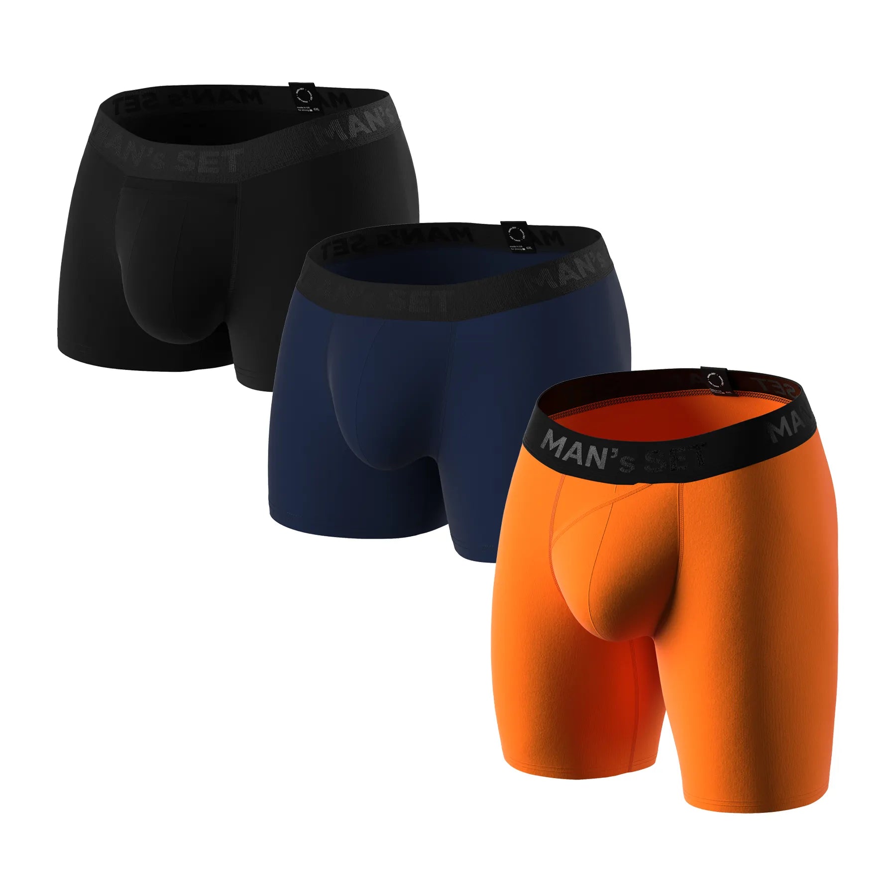 Man’s SET Anatomical Trio Plus, black, navy, and orange anatomical boxers, breathable men’s underwear, front view