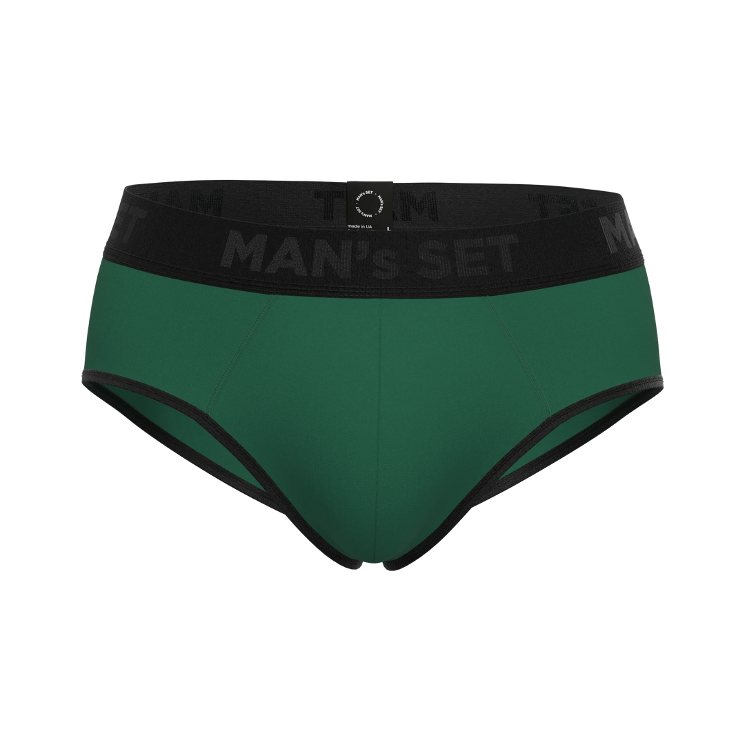 Man’s SET forest green CoolCore micromodal briefs, comfortable men’s underwear with black trim, front view