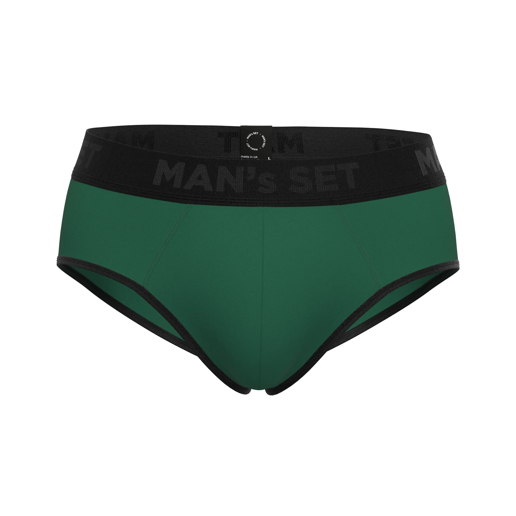 Man’s SET forest green CoolCore micromodal briefs, comfortable men’s underwear with black trim, front view