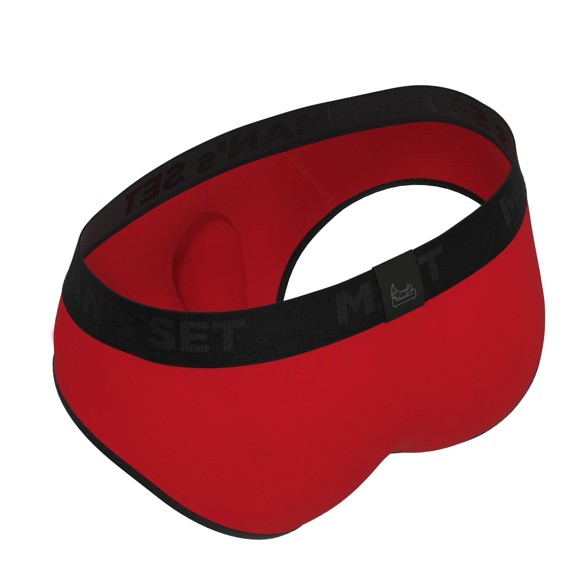 Comfortable men’s underwear by Man’s SET, red CoolCore micromodal briefs with black waistband, back view