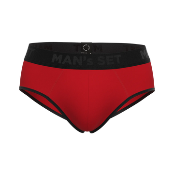 Man’s SET red CoolCore micromodal briefs, anatomical men’s underwear with black waistband, front view