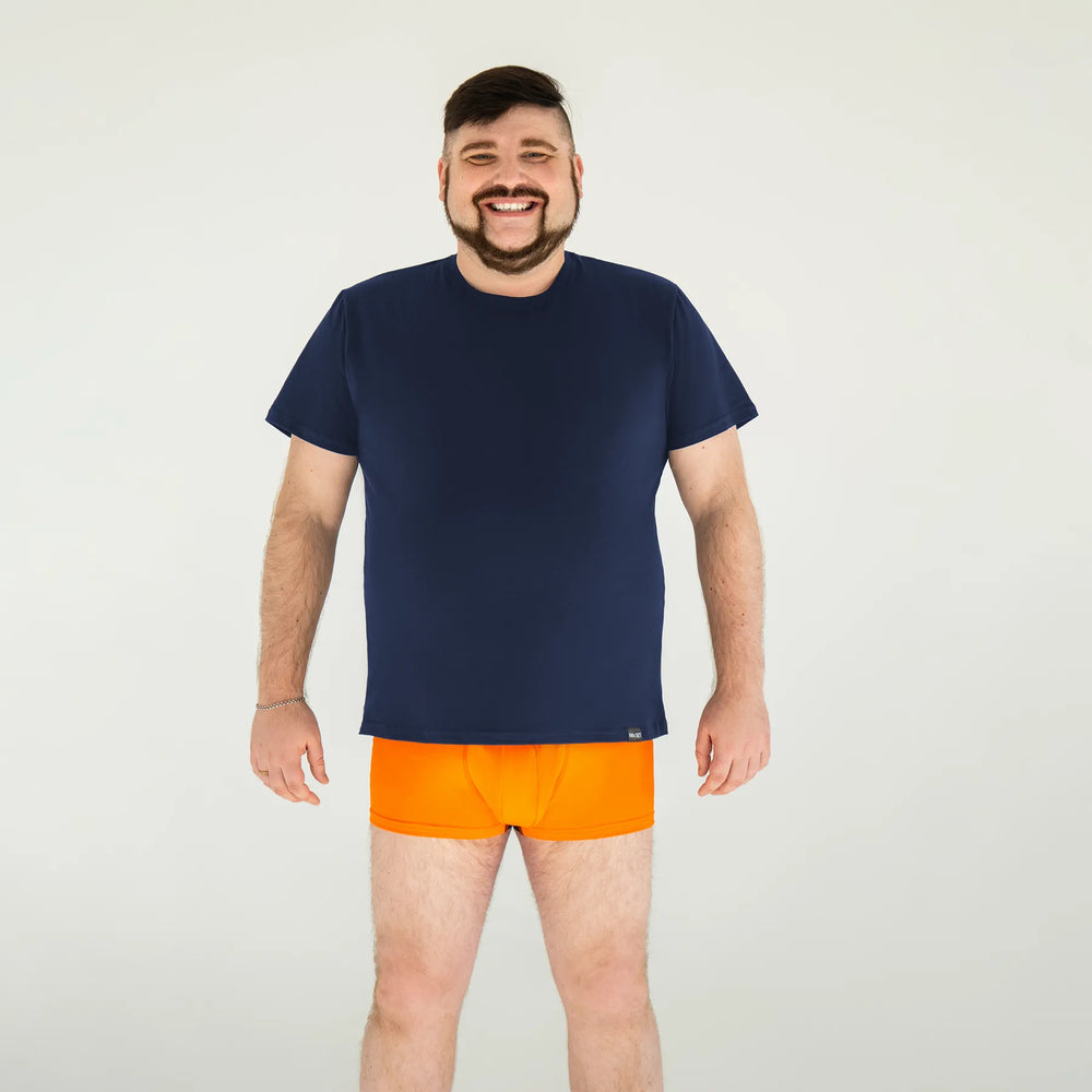 Man’s SET navy cotton U-neck Plus-Size T-shirt with orange breathable men’s boxer briefs, front view