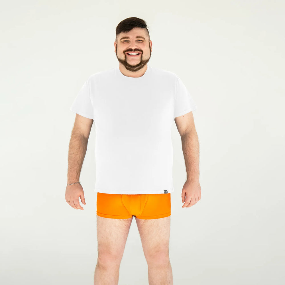 Man’s SET Basic U-neck Plus-Size white cotton T-shirt and orange men’s boxer briefs, front view
