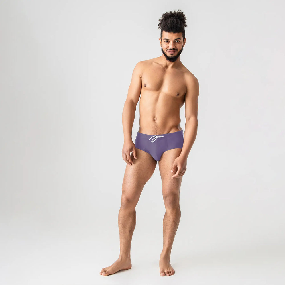 Man’s SET Anatomic Brief 2.1 gray and purple men’s swim briefs, comfortable swimwear, front view
