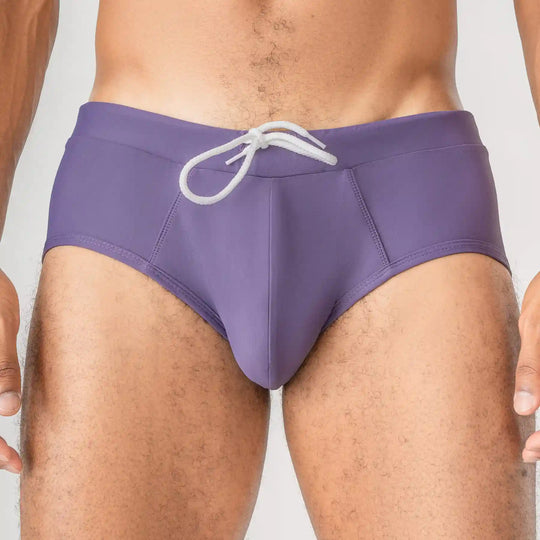Man’s SET Anatomic Brief 2.1 gray and purple men’s swim briefs, anatomical fit, front view