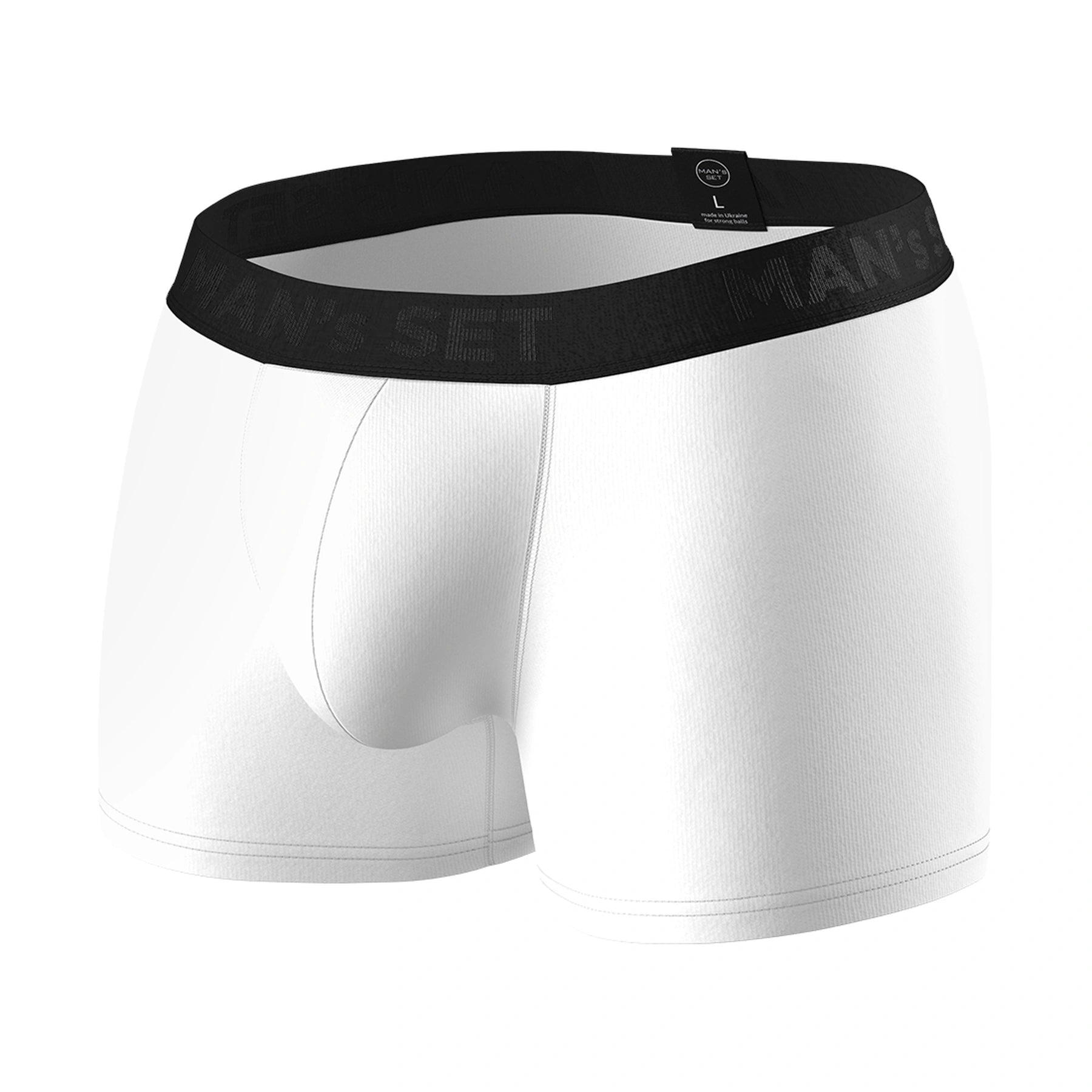 Man’s SET white PowerStretch Trunk 3.9", anatomical men’s underwear with black waistband, front angled view