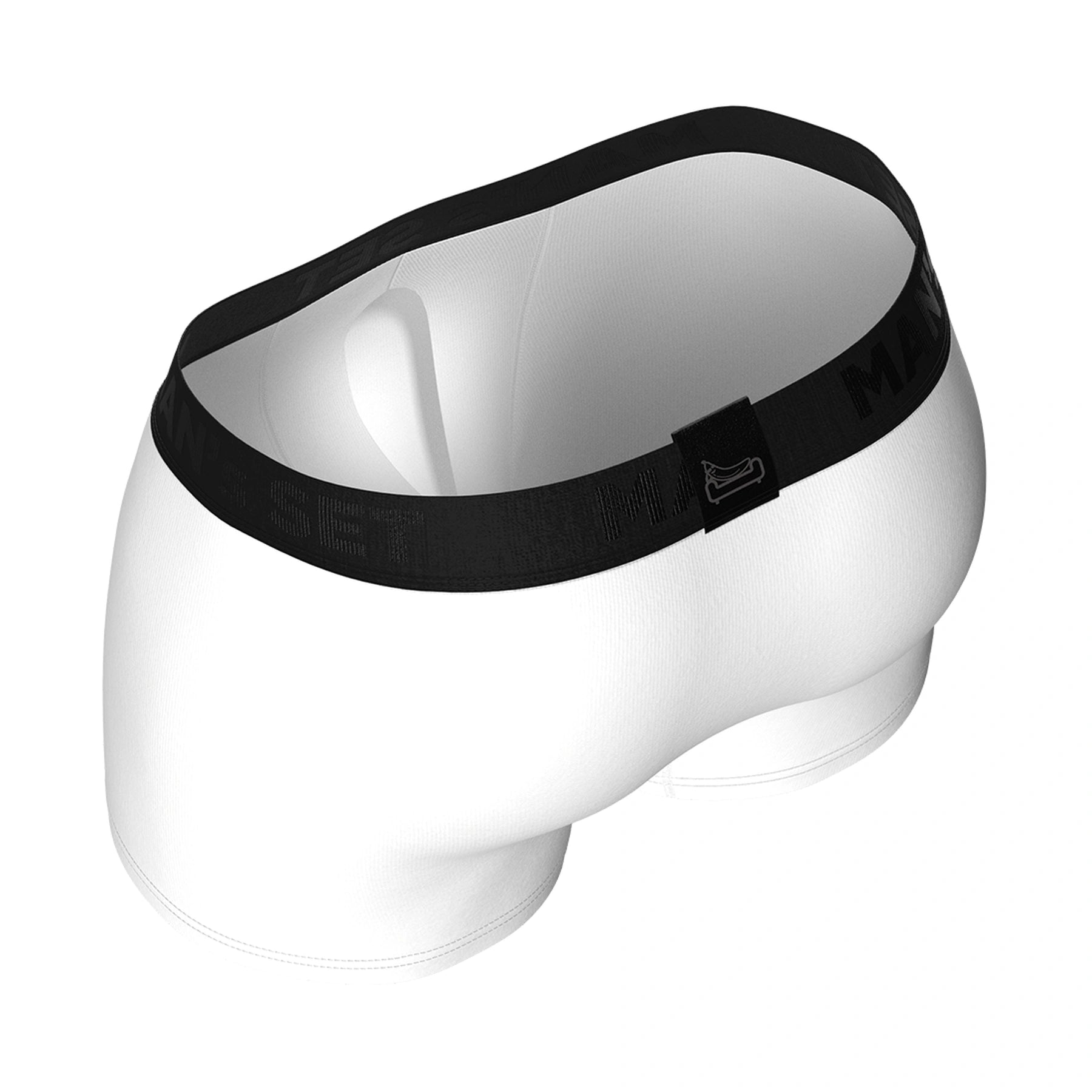 Man’s SET white PowerStretch men’s underwear with black logo waistband, angled back view