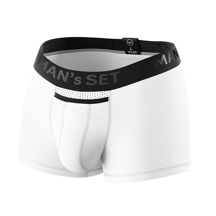 Man’s SET white AirFlow Trunk with black waistband and breathable mesh panel, anatomical men’s underwear, front view
