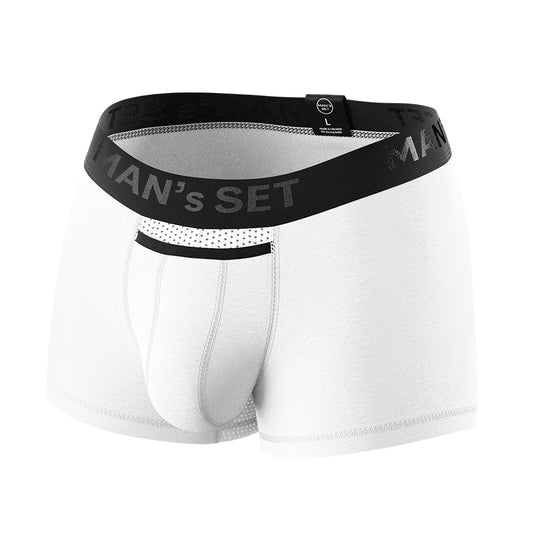 Man’s SET white AirFlow Trunk with black waistband and breathable mesh panel, anatomical men’s underwear, front view