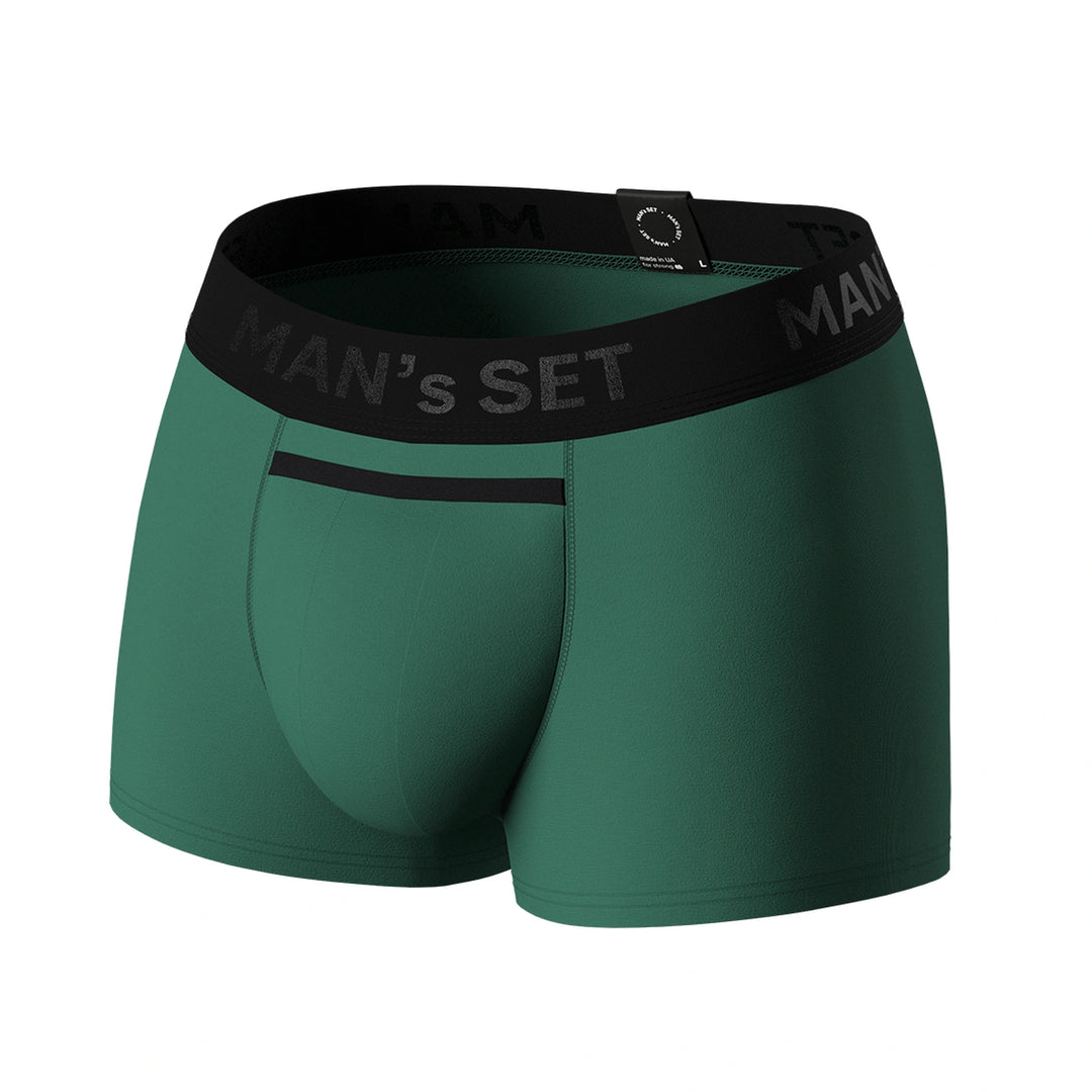 Man’s SET forest green micromodal men’s trunk with breathable anatomical pouch and black waistband, front angle view