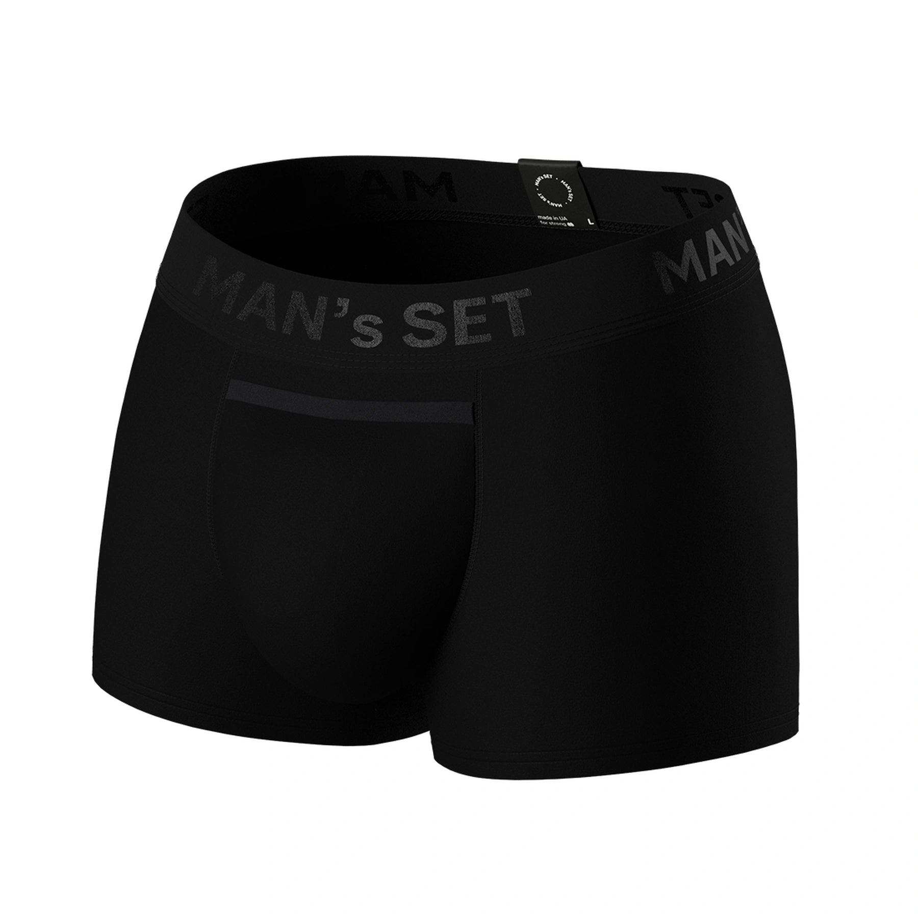 Man’s SET black BreezeFlow Micromodal trunks, breathable anatomical men’s underwear with open fly, front angle view