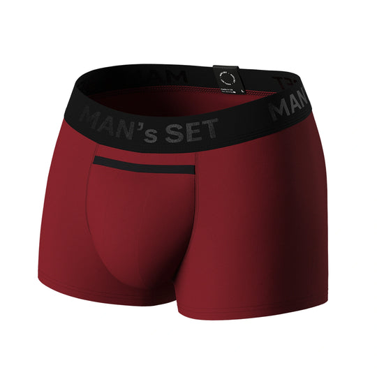 Man’s SET burgundy BreezeFlow micromodal trunks with anatomical pouch and black open fly, front angled view