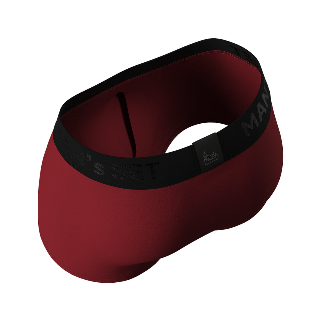 Man’s SET burgundy BreezeFlow Micromodal trunk, breathable men’s underwear with open fly, angled back view
