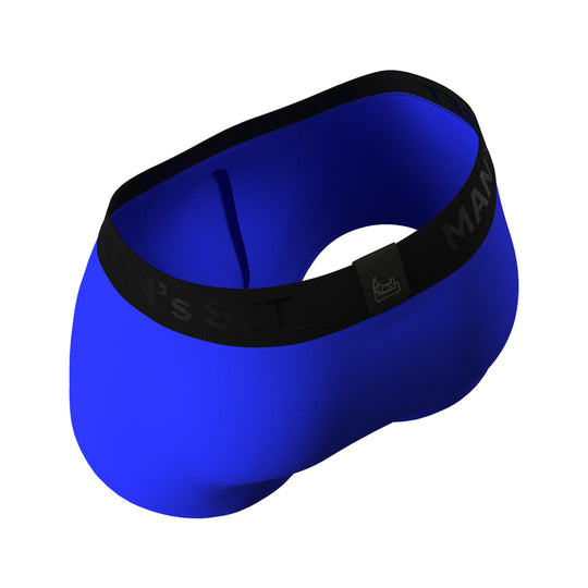 Man’s SET electric blue men’s trunks in breathable Micromodal fabric, black waistband, top-back view