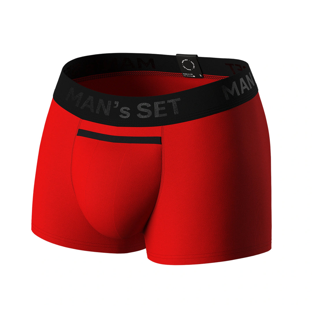 Man’s SET BreezeFlow red micromodal trunk with anatomical pouch and open fly, breathable men’s underwear, front view