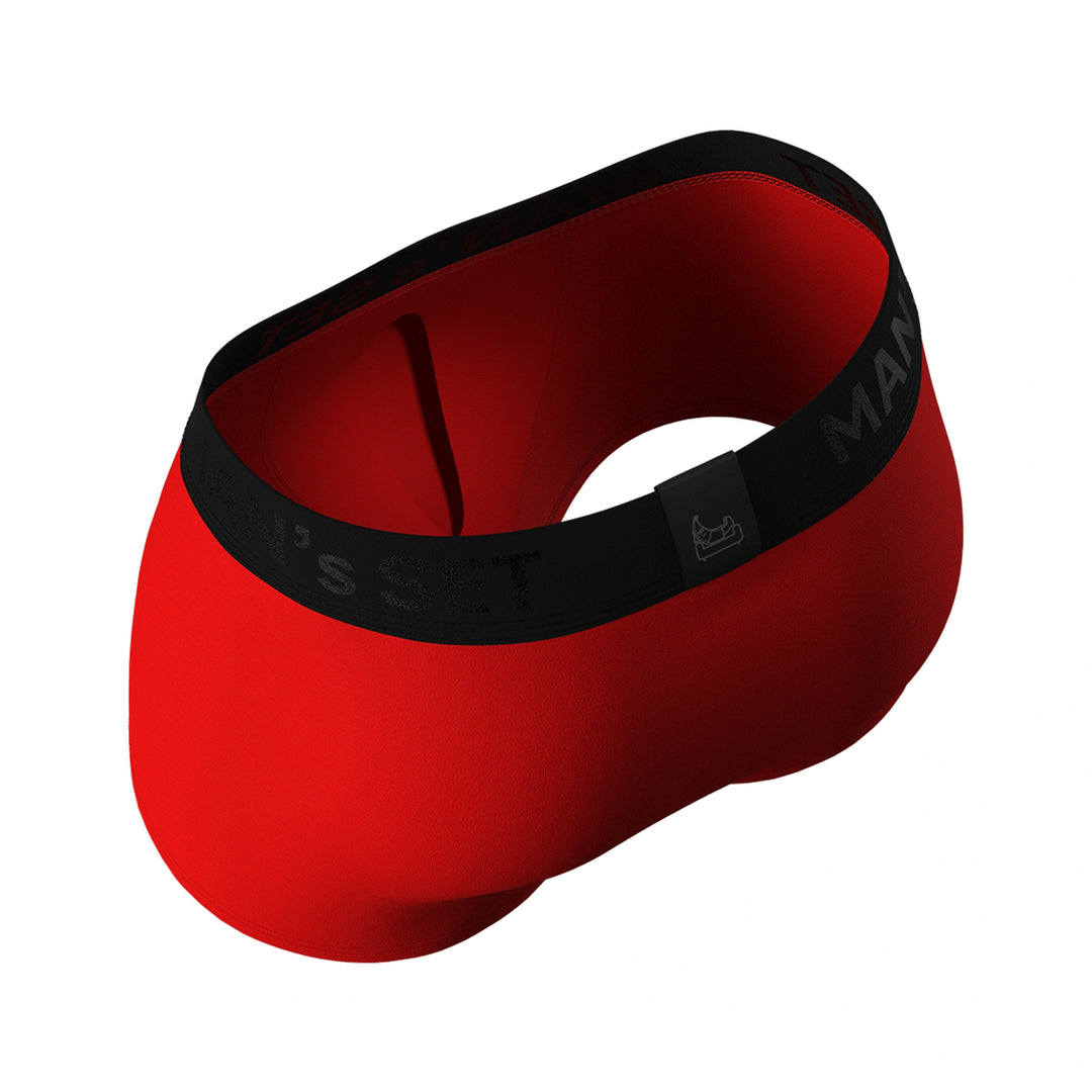 BreezeFlow red micromodal men’s trunk underwear by Man’s SET, lightweight and anatomical, angled top-back view
