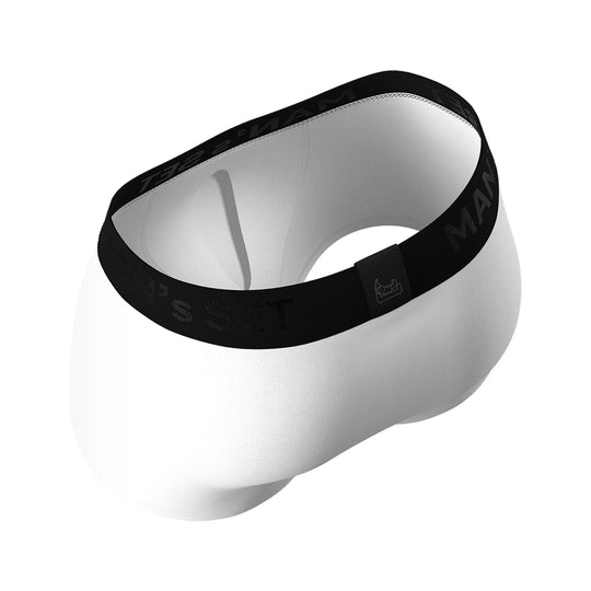 Man’s SET BreezeFlow white micromodal trunks with ergonomic pouch and black logo waistband, angled back view
