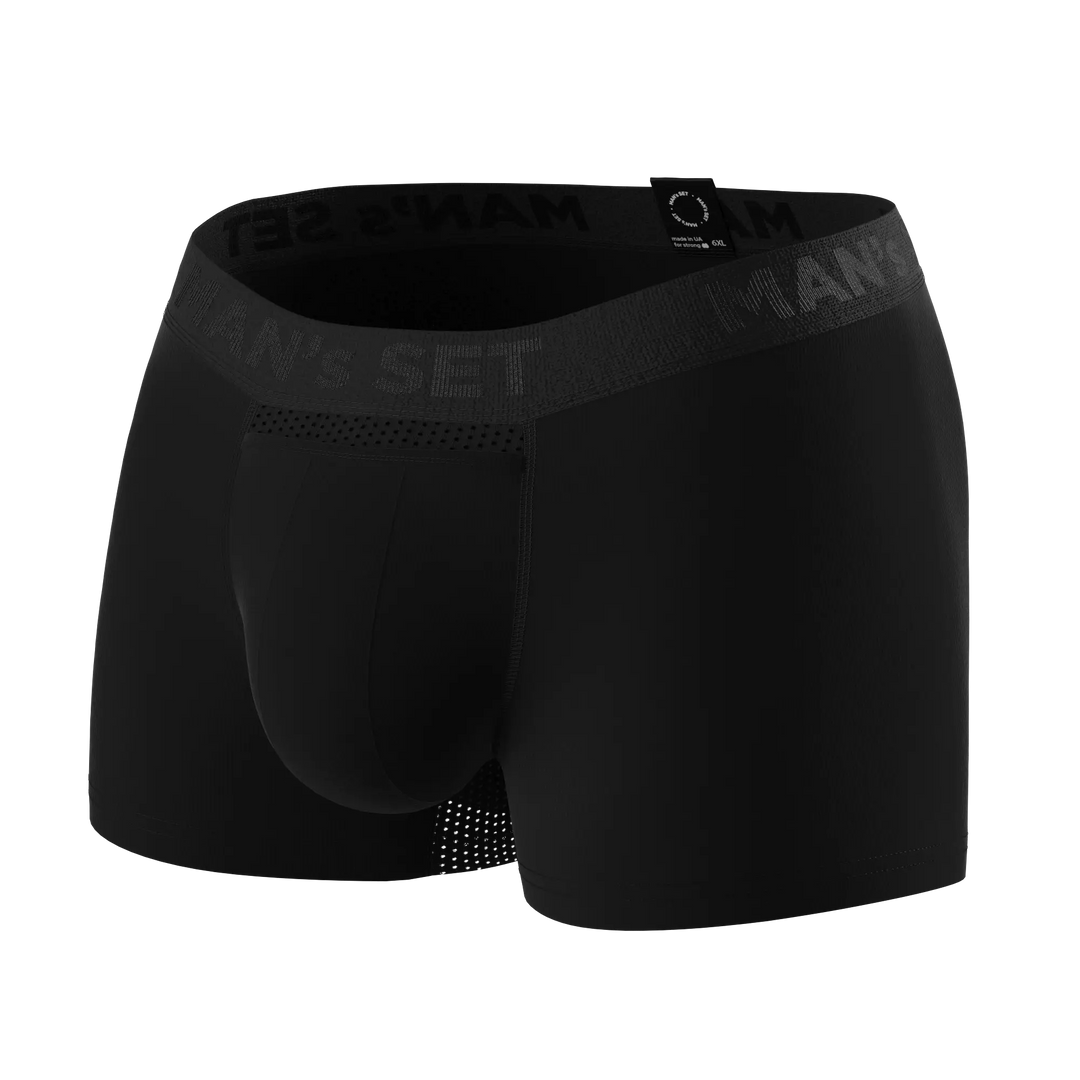 Man’s SET black anatomical men’s boxer briefs with fly, lightweight breathable plus-size design, angled view