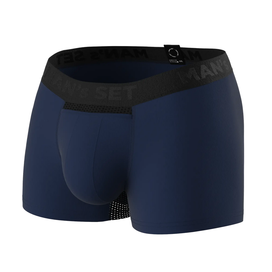 Man’s SET navy anatomical men’s boxer briefs with fly, lightweight breathable plus-size fit, angled view