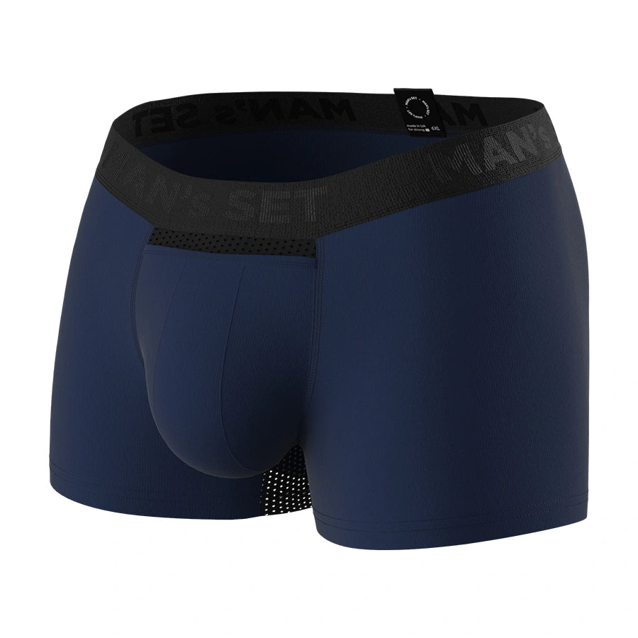 Man’s SET navy anatomical men’s boxer briefs with fly, lightweight breathable plus-size fit, angled view