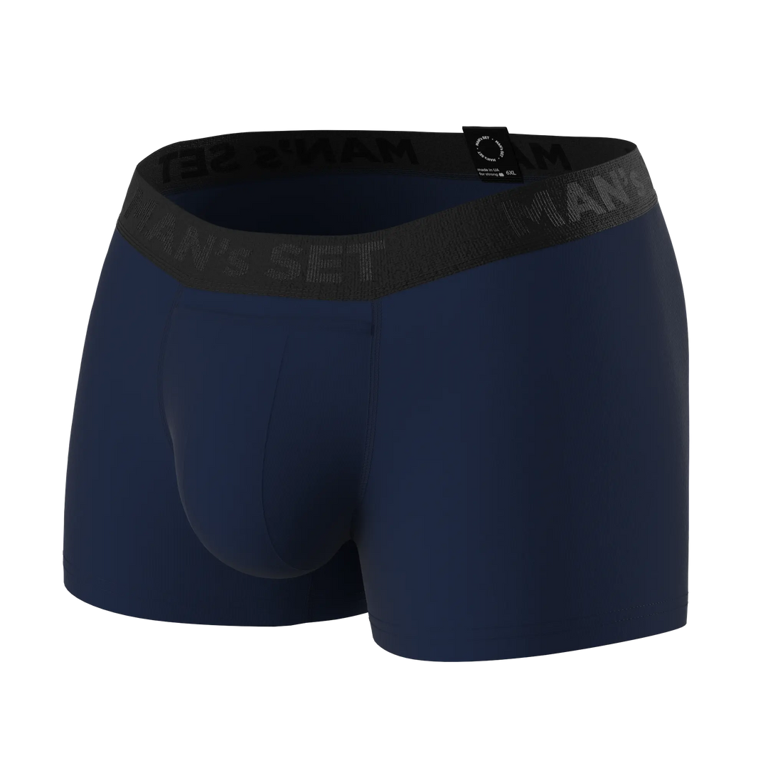 Man’s SET navy anatomical men’s boxers with fly, classic plus-size fit, angled product view