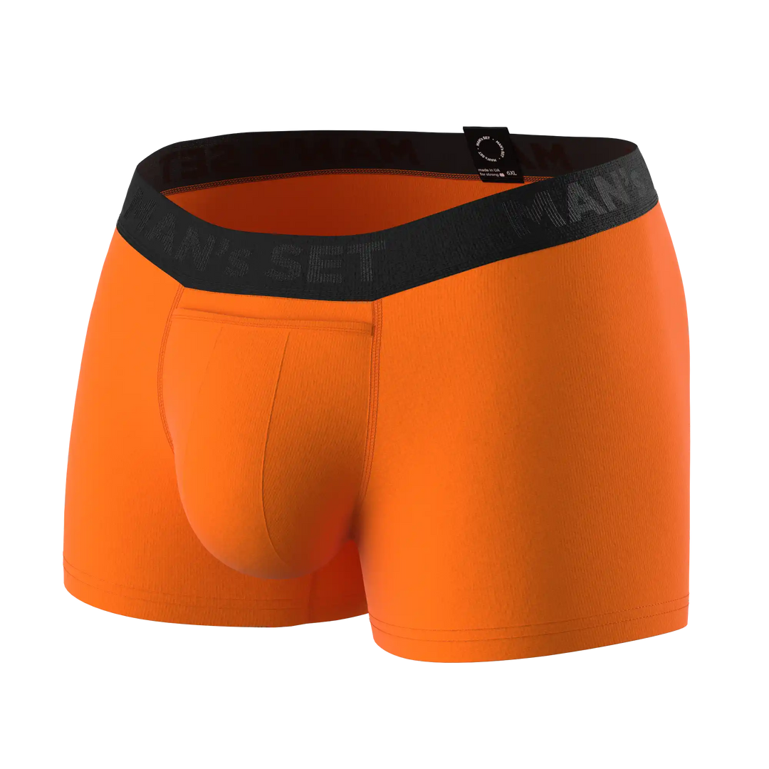 Man’s SET orange anatomical men’s boxers with fly, classic plus-size style, angled product view