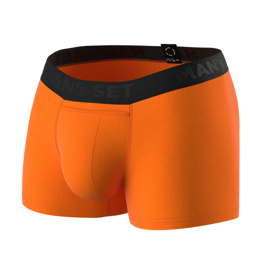 Man’s SET orange anatomical men’s boxers with fly, classic plus-size style, angled product view