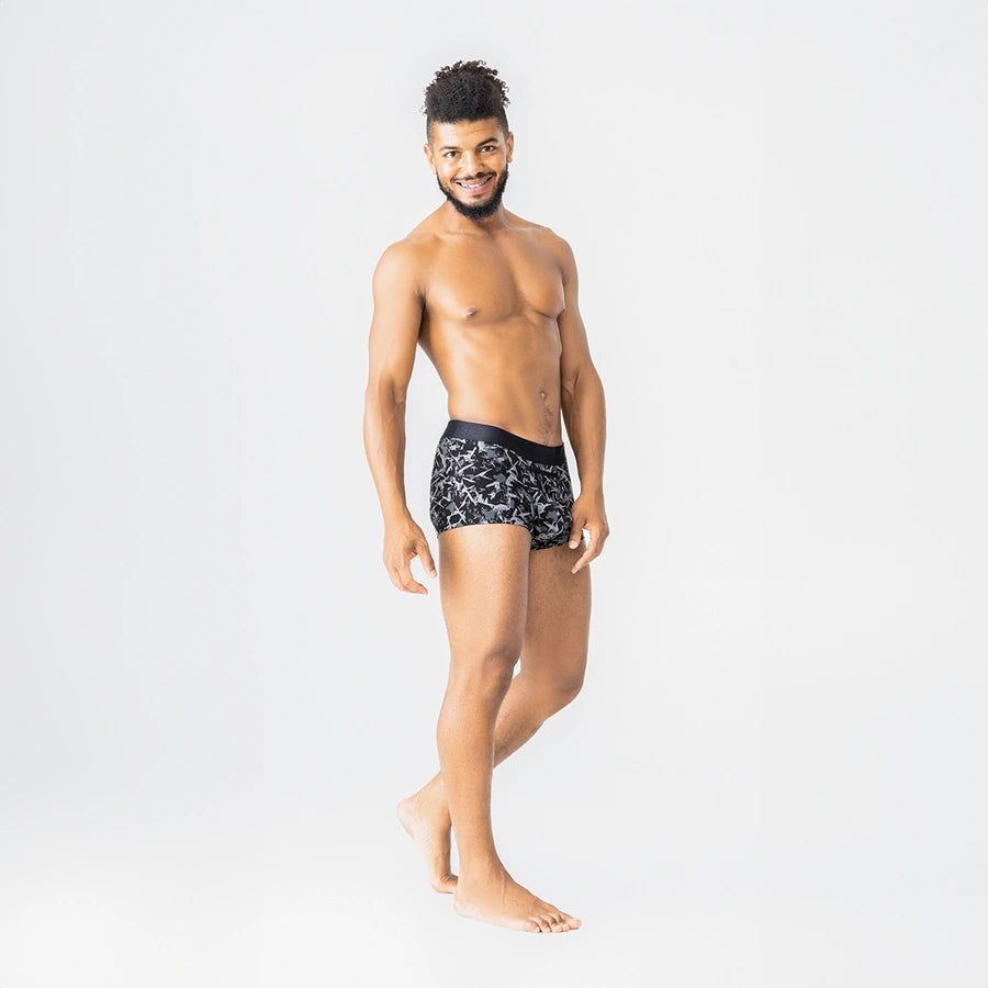 Man’s SET Ink Splash UltraSoft trunks, breathable men’s underwear with open fly and 3.6" inseam, model front-side view