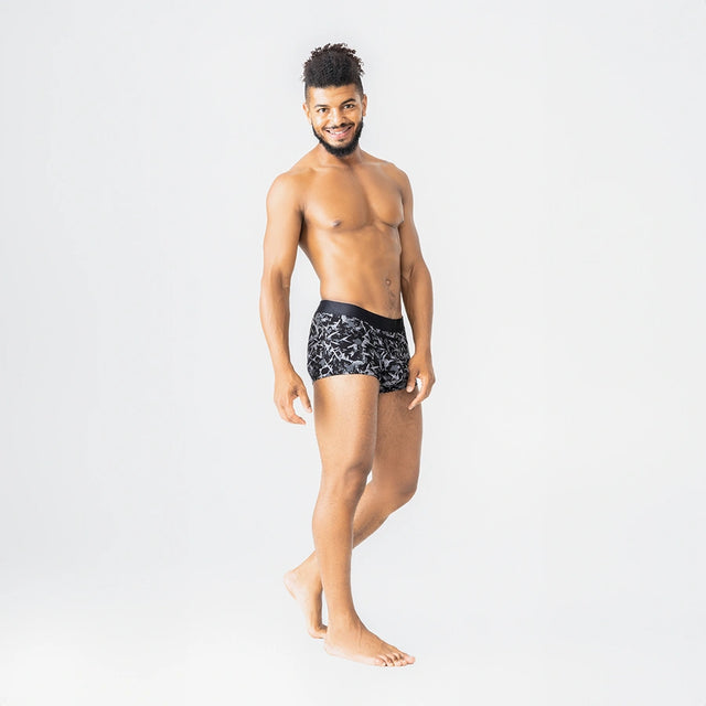 Man’s SET Ink Splash UltraSoft trunks, breathable men’s underwear with open fly and 3.6" inseam, model front-side view