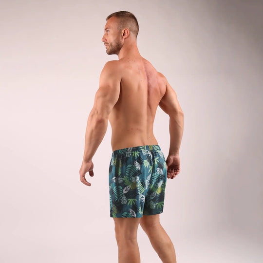 Man’s SET loose fit boxer shorts with 3.2" inseam in fern leaf print, breathable men’s cotton boxers, back angled view