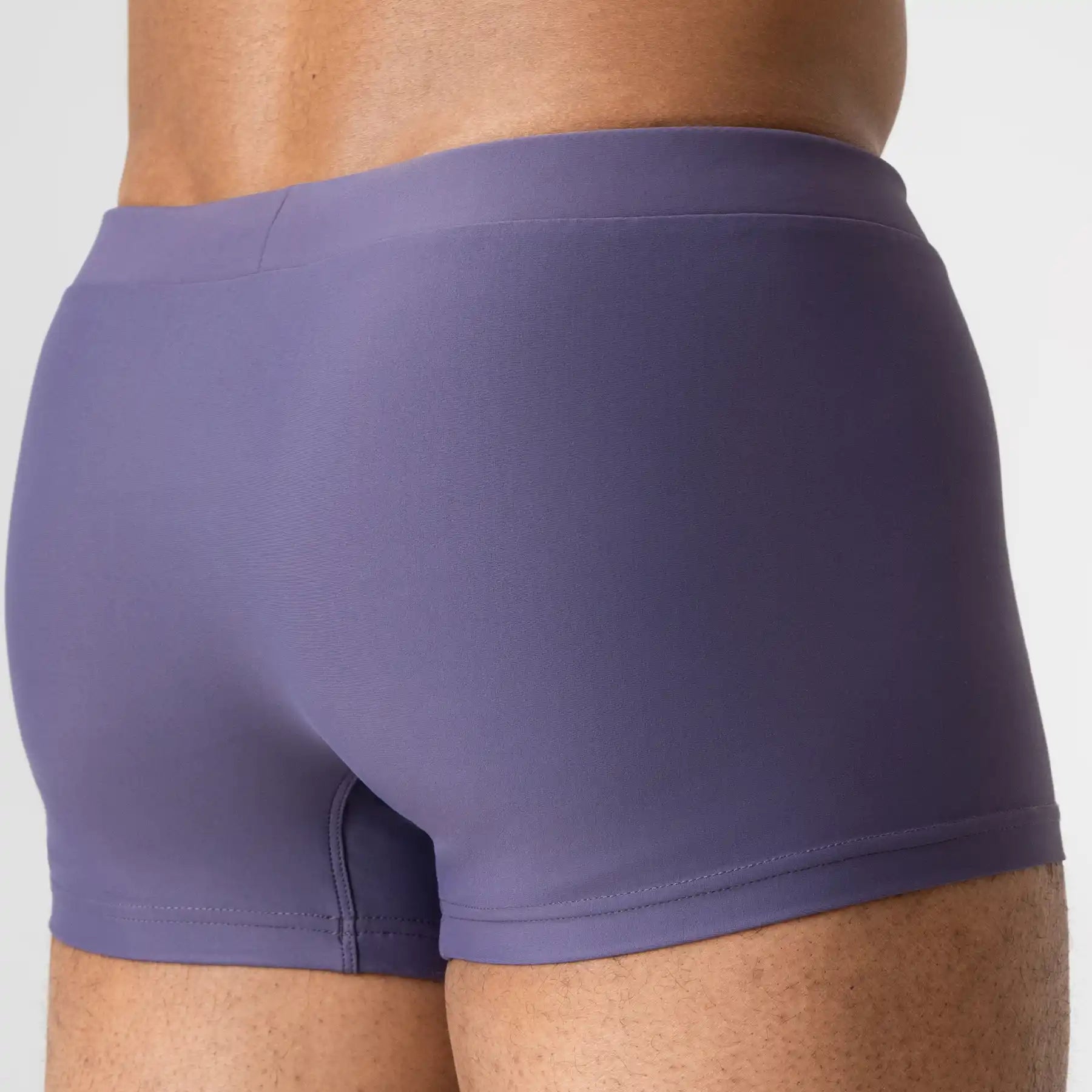 Man’s SET gray and purple anatomical men’s swim trunks, smooth fit, back view