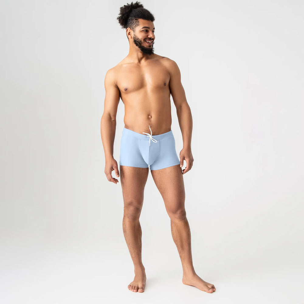 Man’s SET light gray anatomical men’s swim trunks with drawstring, front angle view