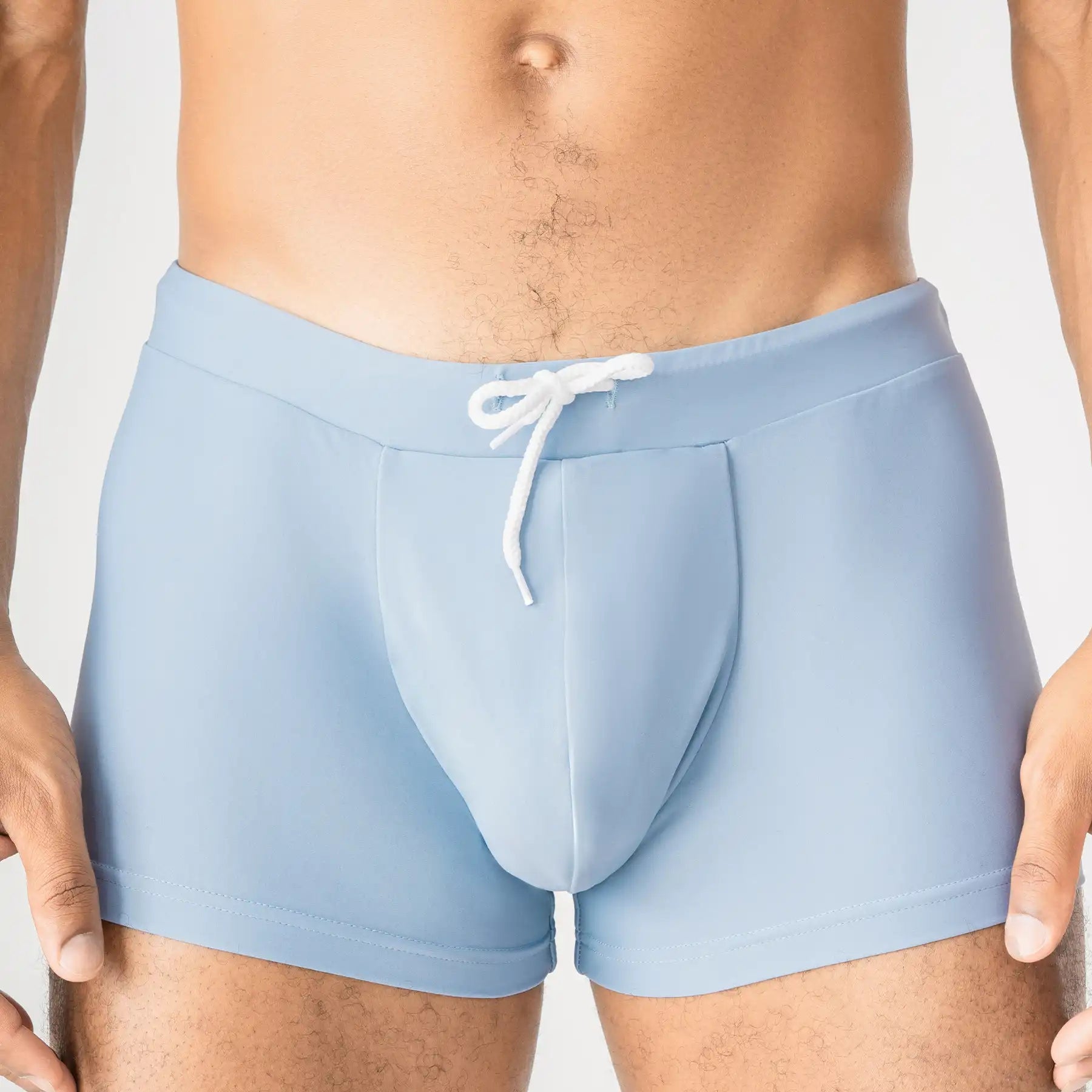 Man’s SET light gray anatomical men’s swim trunks with drawstring, front view