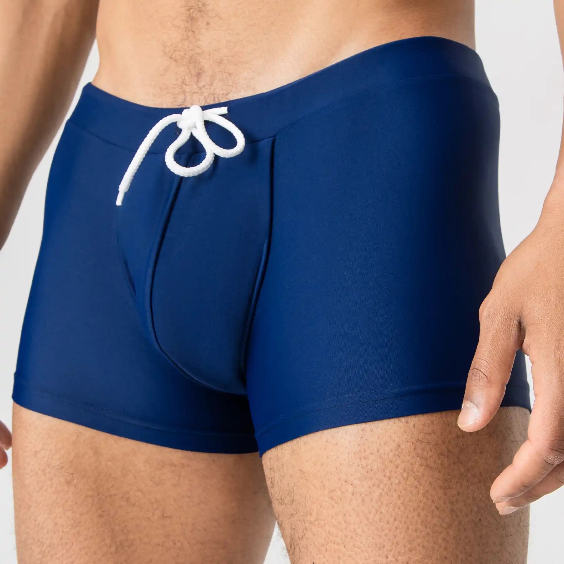 Man’s SET navy anatomical men’s swim trunks with drawstring, comfortable swimwear, front view