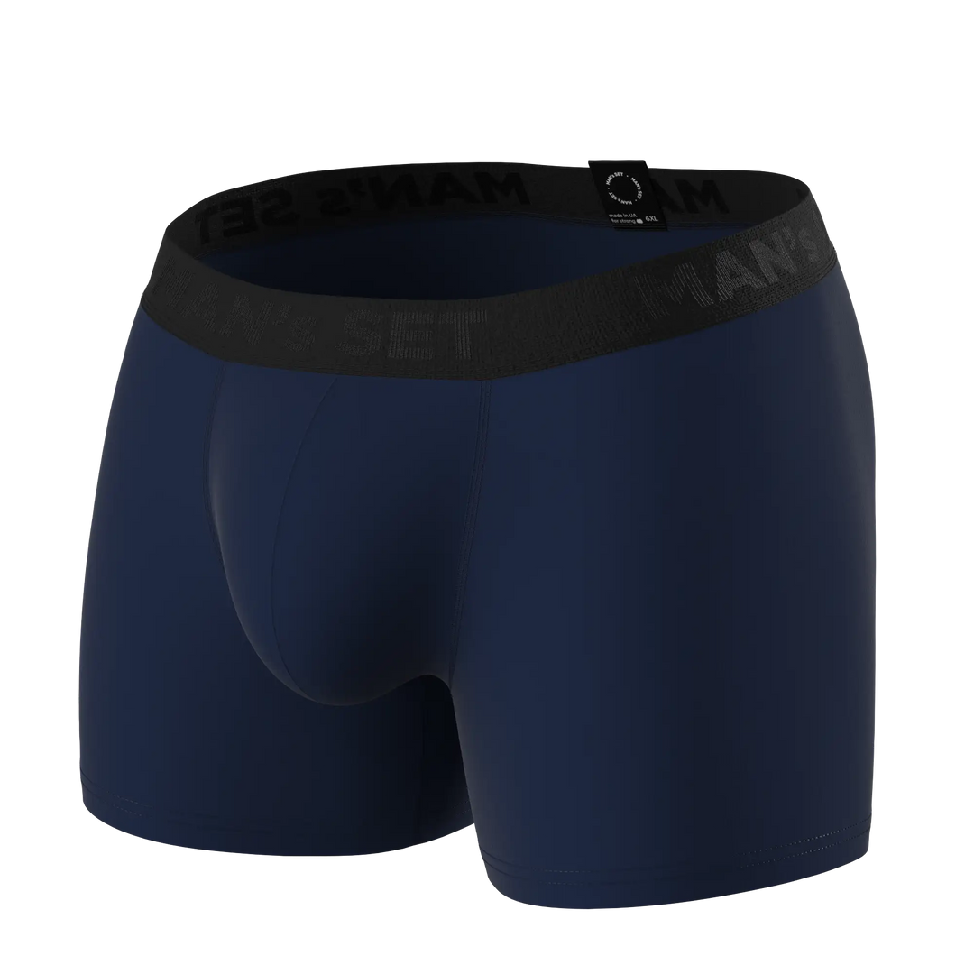 Man’s SET navy anatomical men’s boxer briefs, plus-size fit with seamless no-fly front, angled view