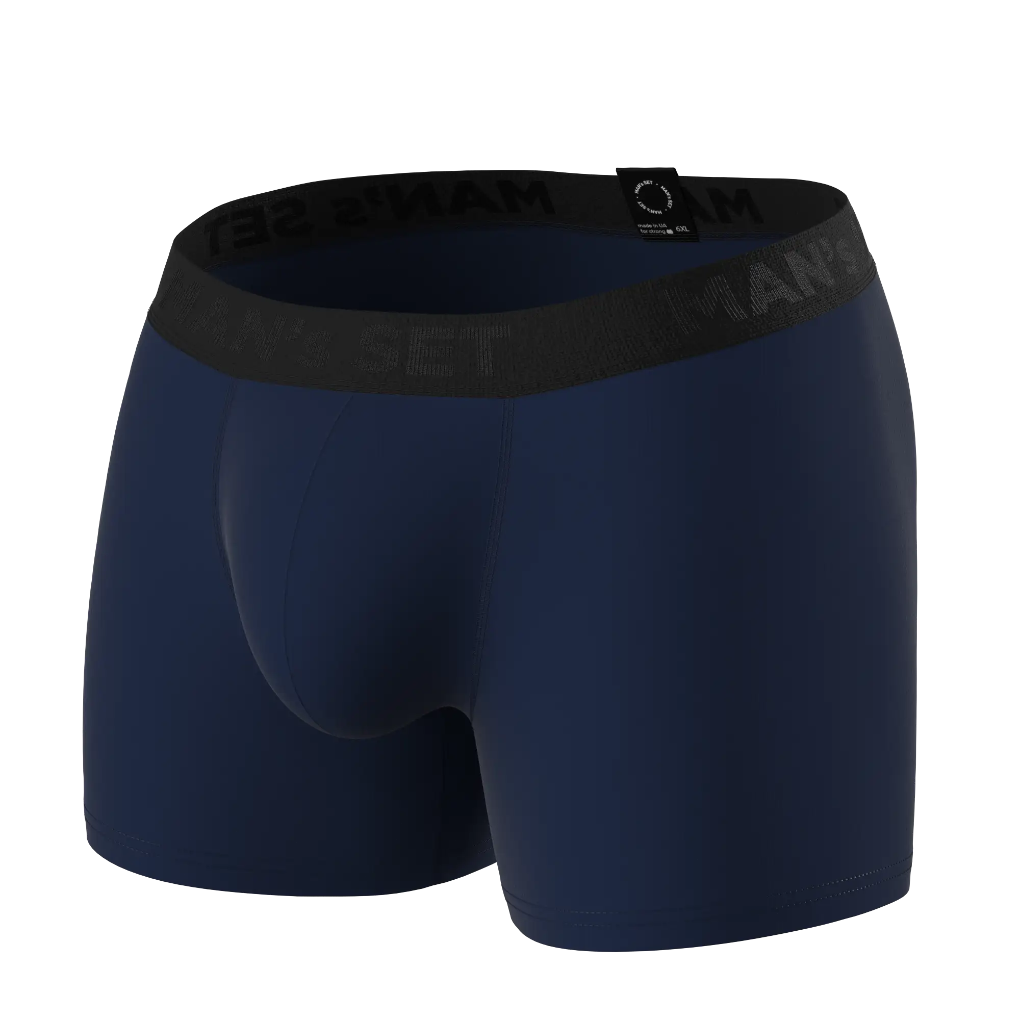 Man’s SET navy anatomical men’s boxer briefs, plus-size fit with seamless no-fly front, angled view