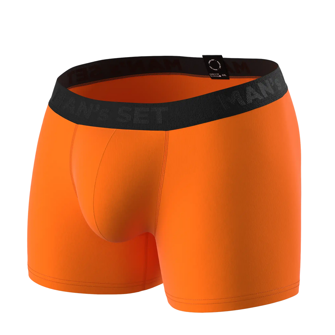 Man’s SET orange anatomical men’s boxer briefs, no fly plus-size design, angled product view