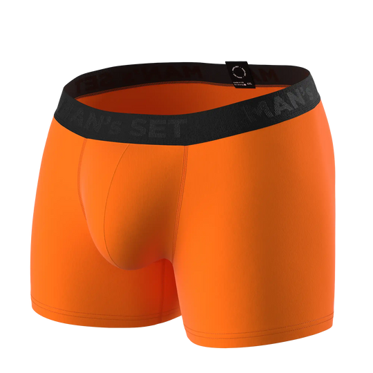 Man’s SET orange anatomical men’s boxer briefs, no fly plus-size design, angled product view