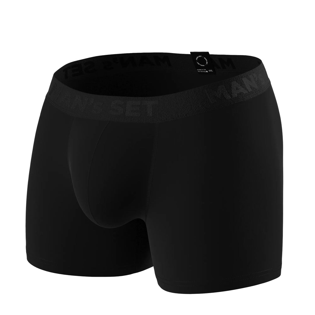 Man’s SET black anatomical boxer briefs for men, plus-size cut with seamless front, angled view
