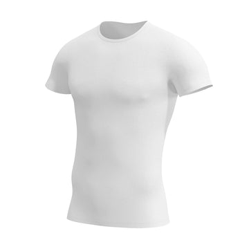 Man’s SET white slim fit undershirt T-shirt in breathable 100% cotton, men’s base layer, angled front view