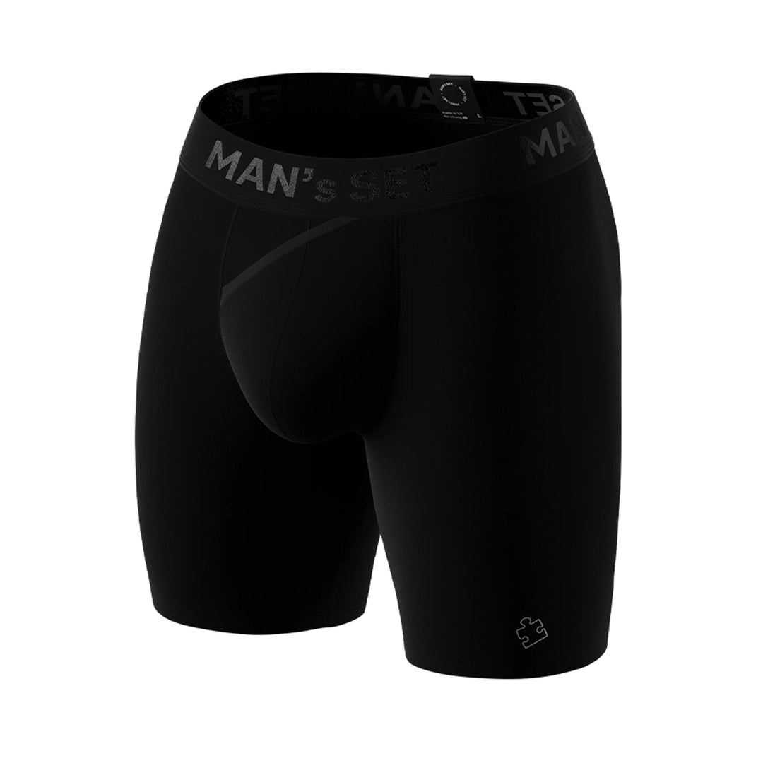 Man’s SET UltraSoft boxer briefs in Second Half black, breathable anatomical men’s underwear with open fly, front angle view