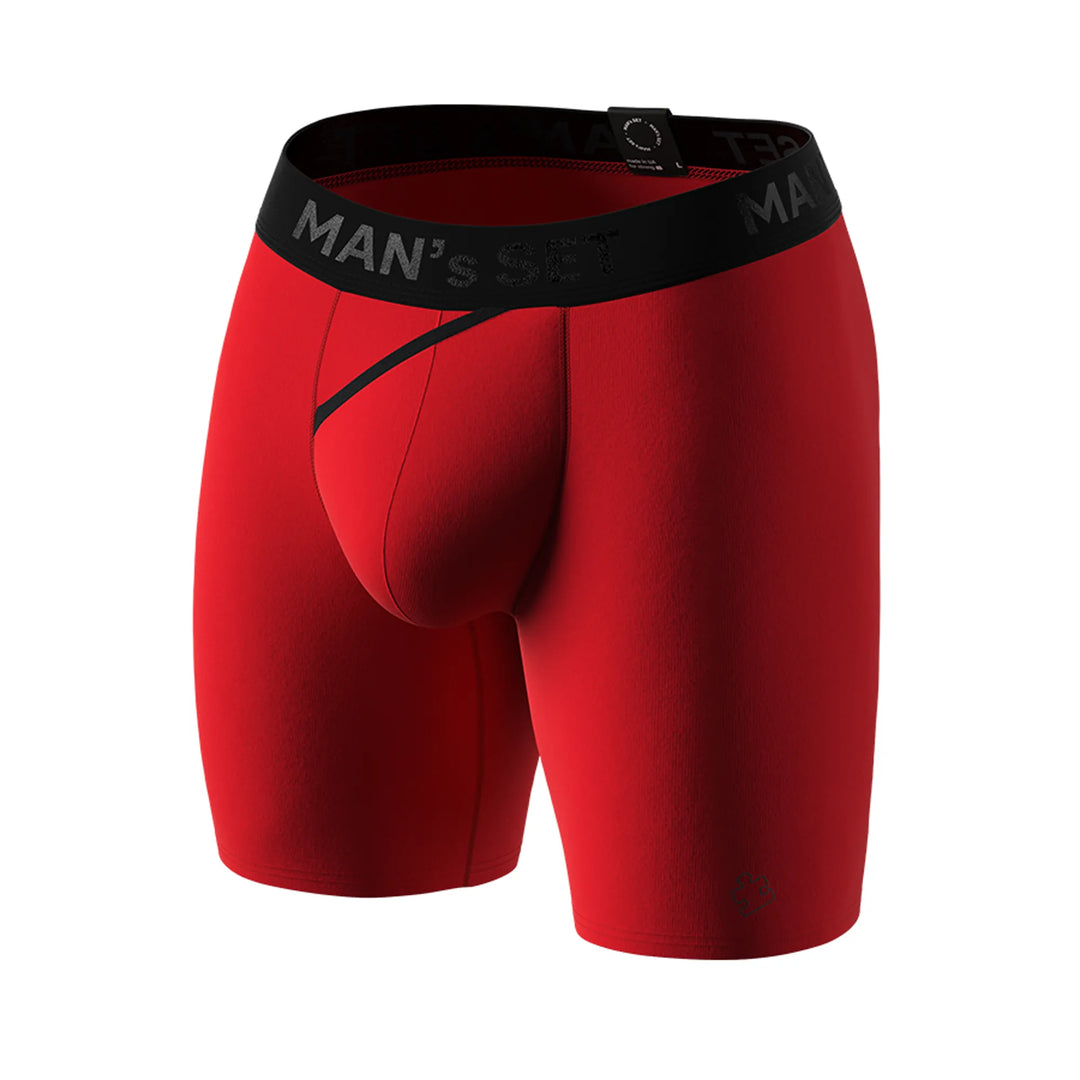 Man’s SET UltraSoft 7.6" red boxer brief with OpenFly, anatomical men’s underwear with comfort pouch, front angle view